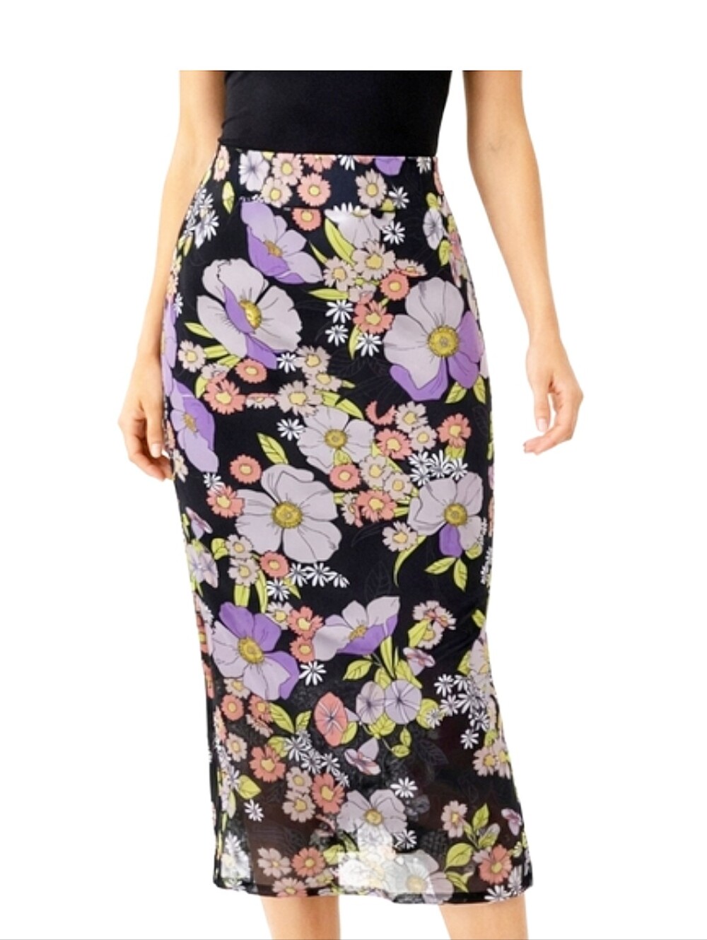 AFRM Midi Bodycon Floral Mesh Skirt In Noir Summer Bouquet Size S